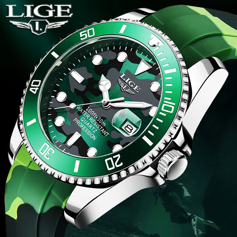 LIGE Men's Quartz Watch 30M Waterproof Watch Silicone Camo Strap - Green_0