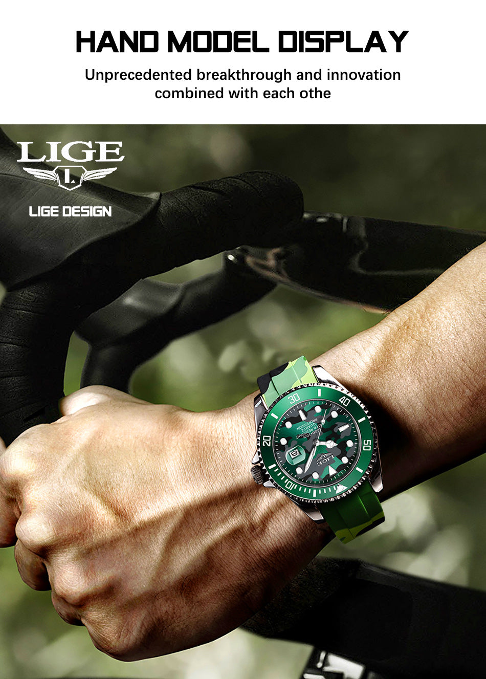 LIGE Men's Quartz Watch 30M Waterproof Watch Silicone Camo Strap - Green_1