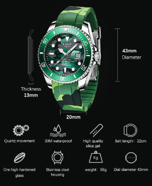 LIGE Men's Quartz Watch 30M Waterproof Watch Silicone Camo Strap - Green_3