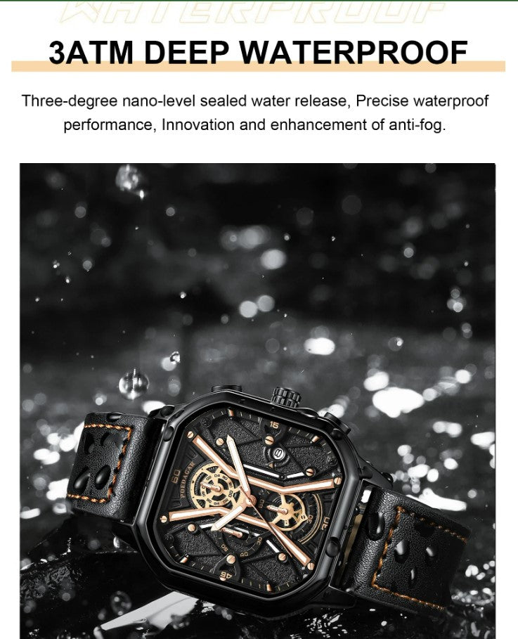 POEDAGAR Luxury Wristwatches Chronograph Leather Quartz Men's Watches - Black Gold_6